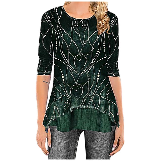 Leutsin Women O-Neck Half Sleeve Printing Splicing Plus Size Tops Easy Blouse