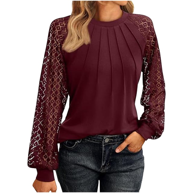 MeetoTime Hauts pour Femmes en Dentelle Manches Longues Plissés Col Rond Chemises Habillées Décontractées Blouses de Travail