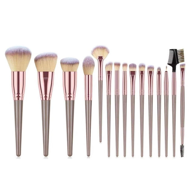 15Pcs Professional Makeup Brushes Set Cosmetic Makeup Kit B6Z1 featuring 15 brushes with soft, dense synthetic bristles and smooth, lightweight handles in a champagne rose gold finish. Includes brushes for foundation, contouring, eyeshadow, eyebrows, and more. Suitable for beginners and professionals, with an elegant design and portable storage bag.