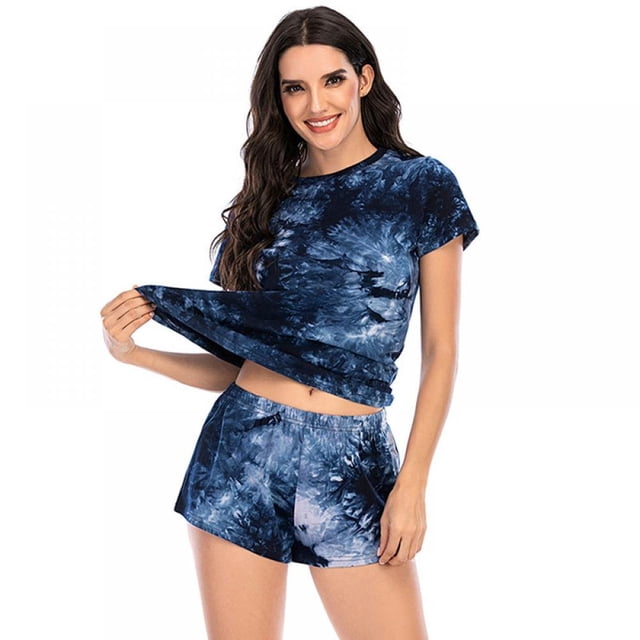 Womens 2Pcs Tie-dye Printed Pajamas Set Casual Short Sleeve Tops + Shorts Home Suits