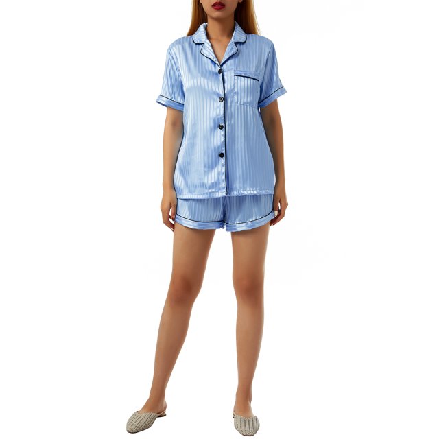 Kmbangi Ensemble de Pyjama Décontracté pour Femmes, Chemise à Manches Courtes Col à Revers Boutonnée Taille Élastique Rayé Short, Vêtements pour Femmes