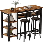 AWQM Bar Table and Chairs Set with Backrest for 2, Kitchen Counter Height Table Set with 4 Storage Shelves, Modern Pub Table with 2 PU Upholstered Stools for Kitchen, Dining Room, Rustic Brown+Black