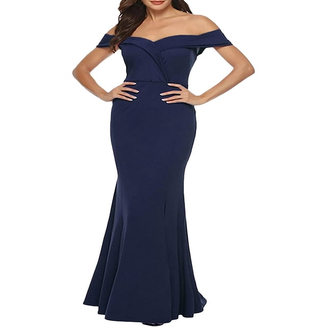Women‘s Summer Long Evening Dress Solid Color Off Shoulder High Split Mermaid Hem Party Dress