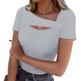 thumbnail image 2 of Lenpel T Shirts for Women Fashion Summer Short Sleeve Cutout Ribbed Knit Solid Color Slim Basic Tees Going out Tops, 2 of 7