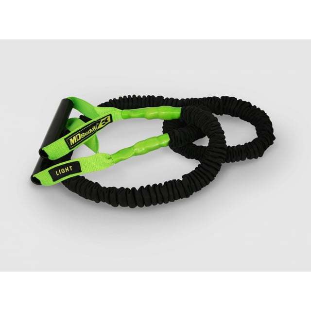 MD Buddy Sleeved Resistance Tubes - Light with black elastic tubes covered by a protective black fabric sleeve, bright green ergonomic handles, and green straps labeled MD Buddy and 'Light' resistance, ideal for portable strength training exercises like bicep curls and rows.
