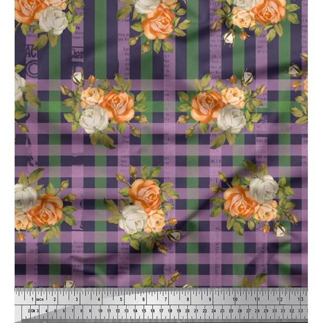 Soimoi Tissu Cambric en Coton à Carreaux, Feuilles et Imprimés de Fleurs de Roses au Mètre, 42 Pouces de Large