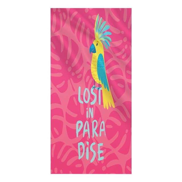 Sandproof Beach Blanket Lightweight Microfiber Beach Towel measuring 30x60 inches, featuring a vibrant design with a yellow and blue parrot and the text 'Lost in Paradise' on a pink background with tropical leaf patterns. Compact and sand-free, ideal for travel, swimming pools, and beach use.