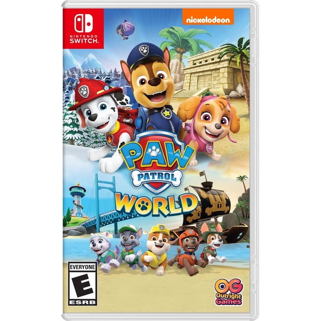 Pat' Patrouille World Nintendo Switch Couverture de Jeu Mettant en Vedette des Chiots Pat' Patrouille Animés dans Divers Contextes d'Aventure, Y Compris des Montagnes Enneigées, une Plage Tropicale avec des Palmiers et un Navire pirate au Bord de la Rive. le logo de Titre Coloré Est Centré avec les logos Nickelodeon et Nintendo Switch Visibles.
