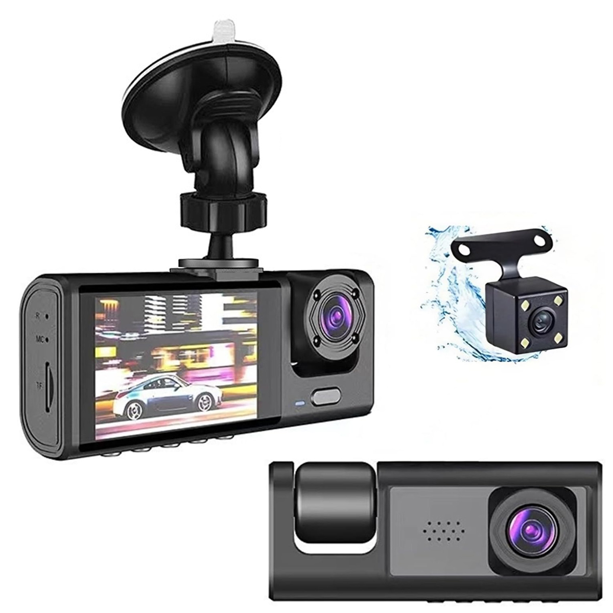 3 Channel Dash Cam Front and Rear Inside, 1080P FHD Three Channels Dash Camera for Cars with Super IR Night Vision, WDR, G-Sensor, Loop Recording, Parking Monitor