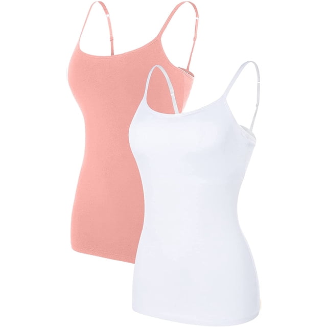 Charmo Women's Basic Cami Adjustable Spaghetti Strap Built in Bra Tank Top 2 Pack