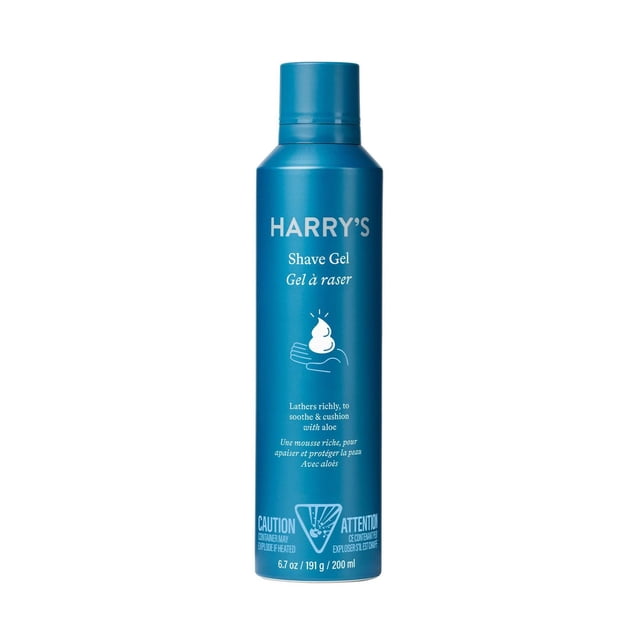 Harry's Aloe Foaming Shave Gel, 190g, in a blue cylindrical can with white text and foam icon, enriched with aloe and cucumber to lather richly and cushion skin for a hydrating, close shave, suitable for men's grooming, 6.7 oz (200 ml).