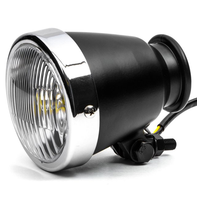 Krator Phare Mini 4.25 Pouces avec Ampoule LED Noire avec Boîtier Chromé Compatible avec Harley Davidson Softail Cross Bones Deuce Rocker