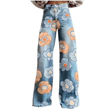 Ohufall Wide Leg Jeans for Women High Waisted Stretchy Denim Pants Printed Baggy Jeans Trouser Jeans with Pockets