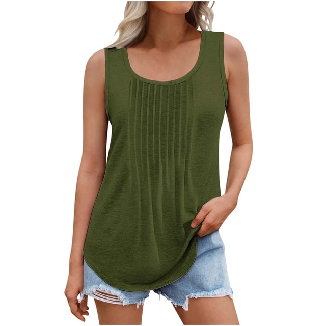 Yuzhih Camisole pour Femmes Été Col Rond T-Shirts Tendance Sans Manches T-Shirt Basique Tunique à Plis devant Vêtements Mode 2025