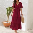 thumbnail image 4 of Ovzne Robes pour Femmes Robe Femme Mode Femme Été Décontractée Col en V à Volants Manches Courtes Robe Unie Robe Grande Taille Manches Courtes Liquidation, 4 of 7