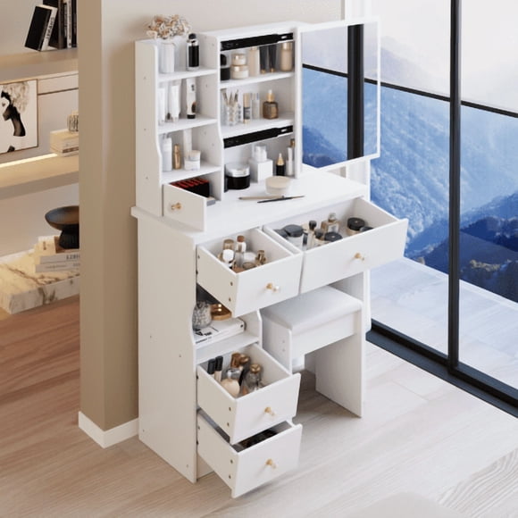 Table de Coiffeuse de Bureau à Tiroir Gauche de 29,2 Pouces pour Petit Espace + Tabouret Rembourré, Miroir Coulissant Droit Très Grand, Rangement à Plusieurs Niveaux de Grande Capacité, Commode Pratique et Tendance, Certificat EPE, GCC, UL