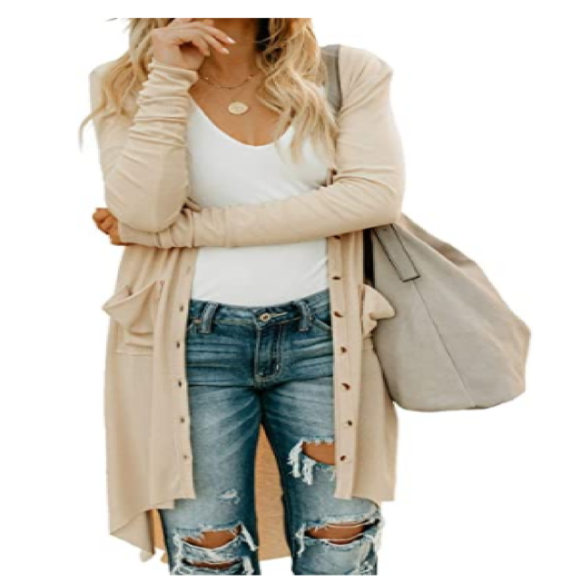 Cardigan Long Tricoté à Boutons-Pression avec Poches Ouvert pour Femmes, L