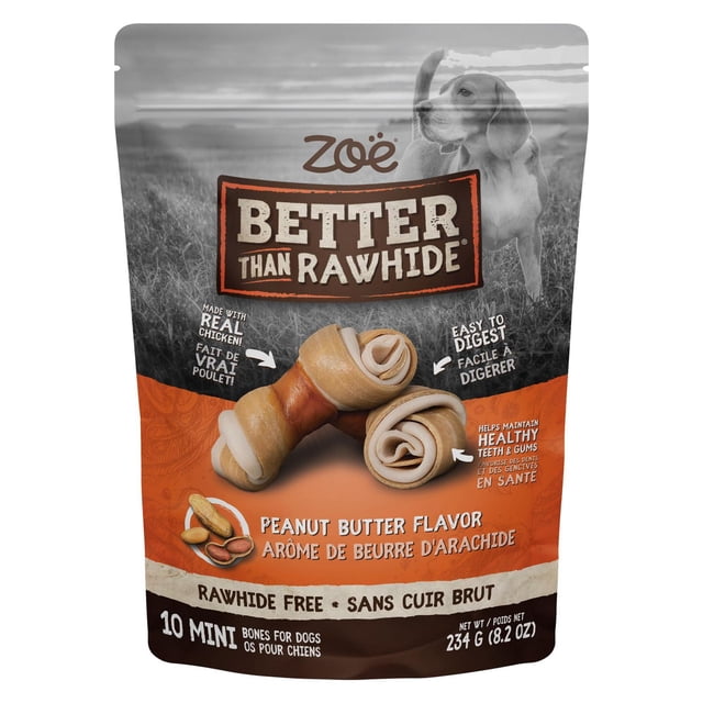 Zoe Better Than Rawhide Mini Os pour Chiens, Saveur Beurre d'Arachide, 234 g (8.2 oz) Paquet de Mini Os Sans Cuir Brut Faits avec du Vrai Poulet, Faciles à Digérer et Conçus pour Aider à Maintenir des Dents et des Gencives en Santé pour Chiens, Conçus pour l'Alimentation Intermittente.