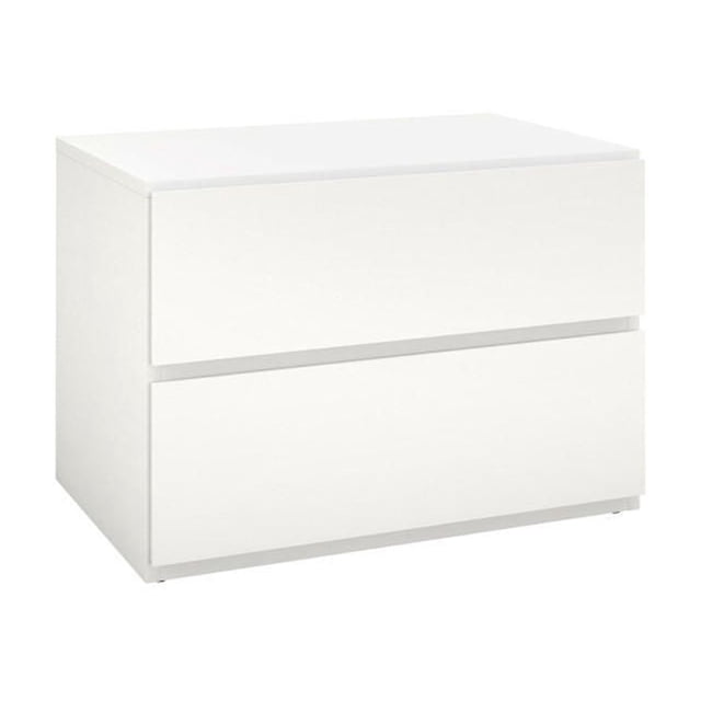 Nexera Paris Table de Nuit, Blanc, Table de Nuit Compacte Orientée vers l'Avant avec Deux Tiroirs en Mélamine Blanc Lisse sur Glissières en Métal, Fini Laqué Blanc Mat, et une section Supérieure avec Porte Rabattable et Gestion des Câbles pour la Recharge d'Appareils.