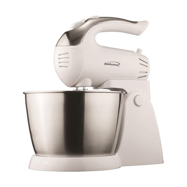 Brentwood 5-Speed + Turbo Stand Mixer in white with ergonomic handle and one-hand speed control, featuring a 3-quart stainless steel bowl, dishwasher safe beaters and dough hooks, shown in side profile on white background.
