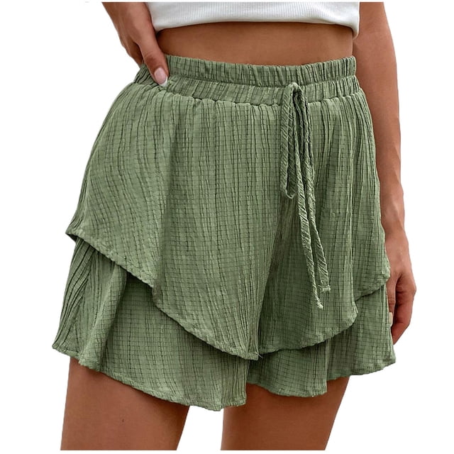 Yuyuzo Shorts for Women Drawstring High Waisted Double Layered Ruffle Shorts Wide Leg Casual Summer Beach Shorts