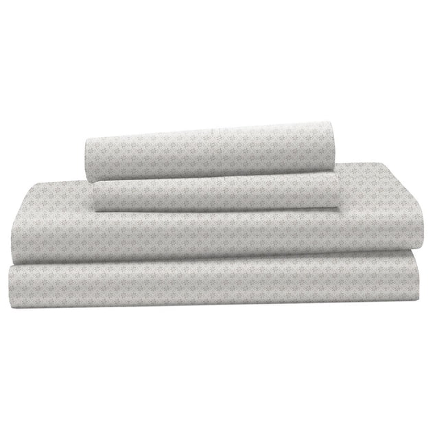 Hometrends 400 Thread Count 100% Cotton Sheet Set - Sateen in light beige with subtle floral pattern, folded to show flat sheet, fitted sheet, and pillowcases made from breathable, wrinkle-resistant cotton sateen fabric with True Grip technology for mattresses up to 15 inches deep.