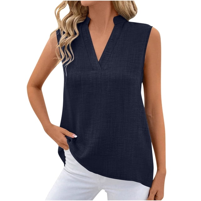 Timegard Camisoles pour Femmes Été Coton Lin Col en V Sans Manches Légères Décontractées Amples Hauts Blouse