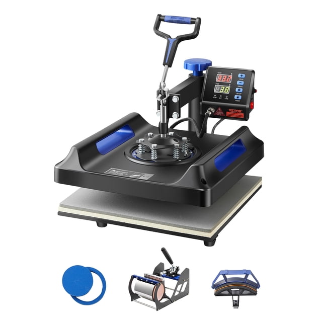 VEVOR Heat Press Machine Sublimation Machine 15 x 15 inch 8 In 1 Blue Heat Press Set featuring a black and blue design with a digital control panel, 360° swing-away arm, and a Teflon-coated platen. Includes attachments for mugs, hats, plates, and flat items, suitable for crafting and sublimation projects.