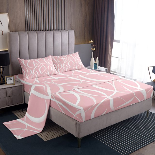 Erosebridal Stripes Sheet Set Twin, Pink Abstract Bedding Sets Twin Size, Geometric Decor, 3pcs