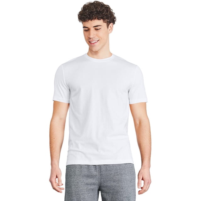 George Men's Stretch Crewneck Tee in white shown frontally on a male model wearing grey sweatpants, made of 95% cotton and 5% spandex with ribbed crewneck and short sleeves, ideal for casual wear and layering under outerwear.