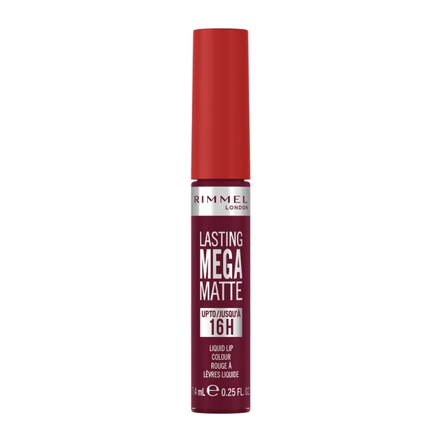 Rimmel Lasting Mega Matte Rouge à Lèvres Liquide en tube Bourgogne Mince avec Capuchon Rouge Mat, avec Texte Blanc Indiquant jusqu'à 16 Heures de Port et 7,4 ml (0,25 fl oz) de volume, Offrant une Couleur de Lèvres Mate Hydratante et Longue Tenue avec un Applicateur drip-tip Précis pour un Port Confortable Toute la Journée.