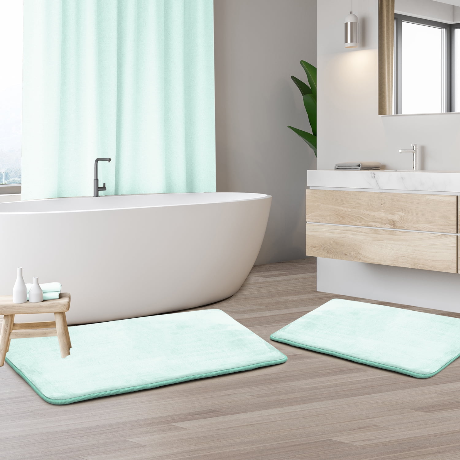 Set of 2 Clara Clark Bath Mat Bathroom Rug - Absorbent Memory Foam Bath Rugs - Non-Slip, Thick, Cozy Microfiber Bathrug, Plush Shower, Toilet Bathmats - Aqua - Large Size 20"x32" Small Size 17”x24”