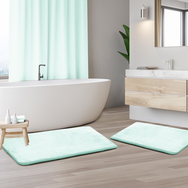 Set of 2 Large Clara Clark Bath Mat Bathroom Rug - Absorbent Memory Foam Bath Rugs - Non-Slip, Thick, Cozy Velvet Feel Microfiber Bathrug, Plush Shower, Toilet- Floor Bathmats Carpet - Aqua - 20"x32"