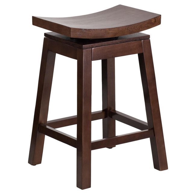 26'' High Saddle Seat Cappuccino Wood Counter Height Stool with Auto Swivel Seat Return