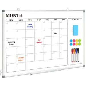DOLLAR BOSS Calendrier d'effacement à sec pour le mur, 24''x 18'' Planificateur mensuel de tableau blanc magnétique, tableau d'horaire à cadres en aluminium à double face pour le bureau, la maison, l'école