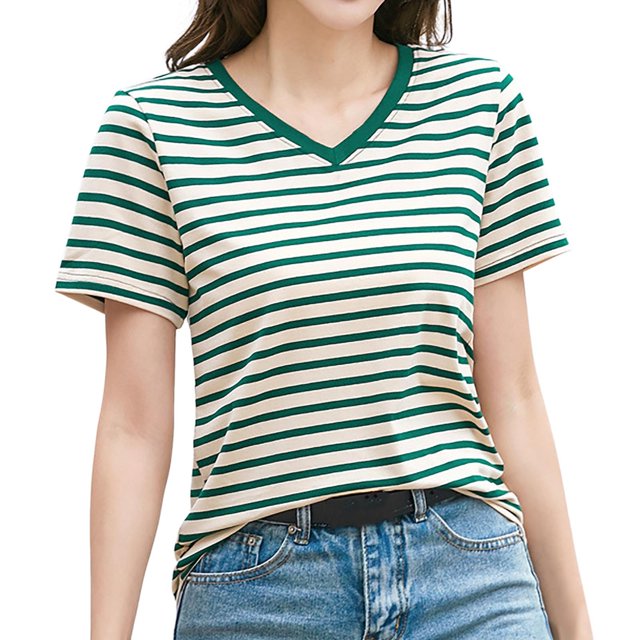 Women's Striped Retro Top Korean Style Full Loose Round Neck Short Sleeve Design Sense Color Contrast T Shirt