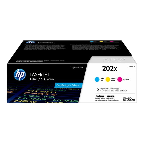 HP 202X - 3-pack - High Yield - yellow, cyan, magenta - original - LaserJet - toner cartridge (CF500XM) - for Color LaserJet Pro M254dw, M254nw, MFP M280nw, MFP M281cdw, MFP M281fdn, MFP M281fdw