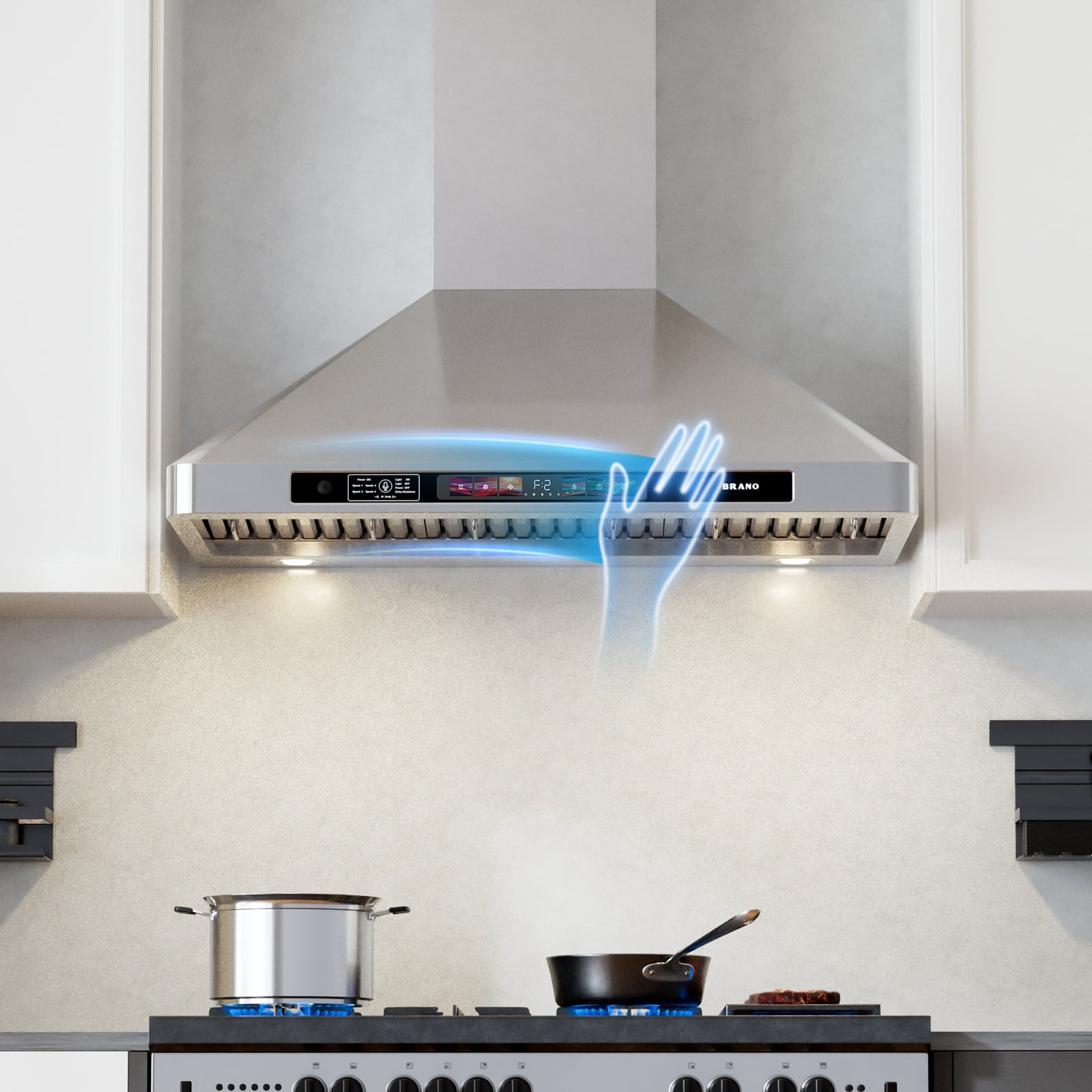 Hotte de cuisine BRANO 30 pouces murale, aspiration puissante de 900 CFM, corps en acier inoxydable, contrôle vocal/gestuel/tactile, convertible ductée/ductless