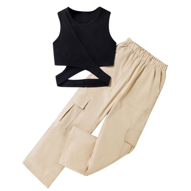 PMVFHDE Size 4 Girls Clothes Girl's 2 Piece Outfits Cut Out Sleeveless Ribbed Tank Top And Cargo Pants Set Winter Outfit Set Khaki,8-9 Years