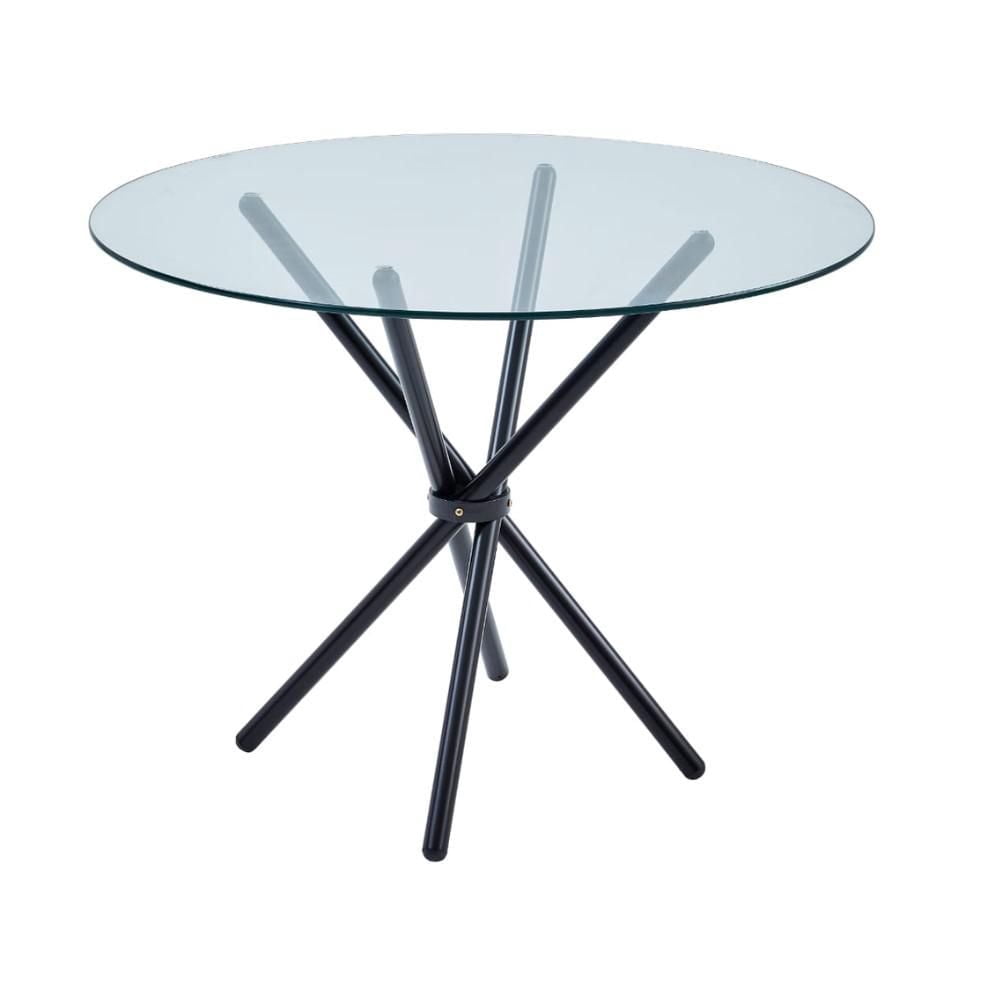 Table de salle à manger Eternity avec un plateau en verre trempé durable et des pieds élégants en métal noir mat – une pièce maîtresse moderne et élégante pour les espaces de salle à manger contempora