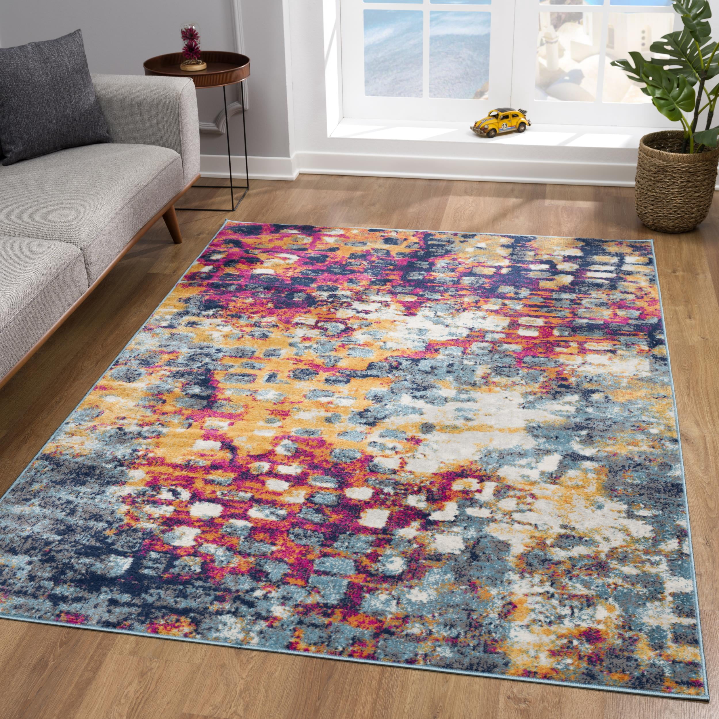 Tapis d'intérieur bohème Branch Savannah 2' x 2' (taille exacte : 2'3" x 2'), jaune et bleu, motif abstrait - Entrée, couloir, salle de bain et cuisine