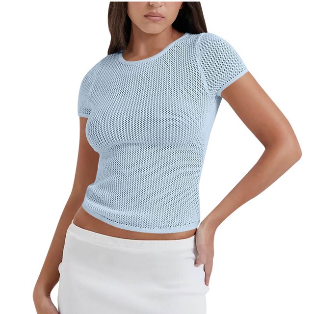 Plebaso Crop Tops en Maille pour Femmes Manches Courtes Chemises Ajourées Tricotées Col Rond Chandail T-Shirts