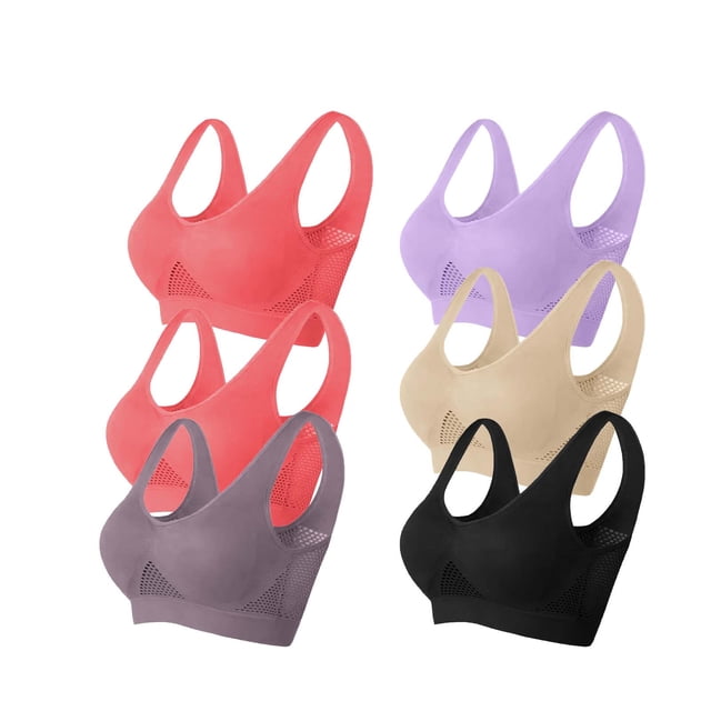 Timegard 6pc Sports Bras for Women Plus Size High Support Wireless Breathable Mesh Workout Running Bras