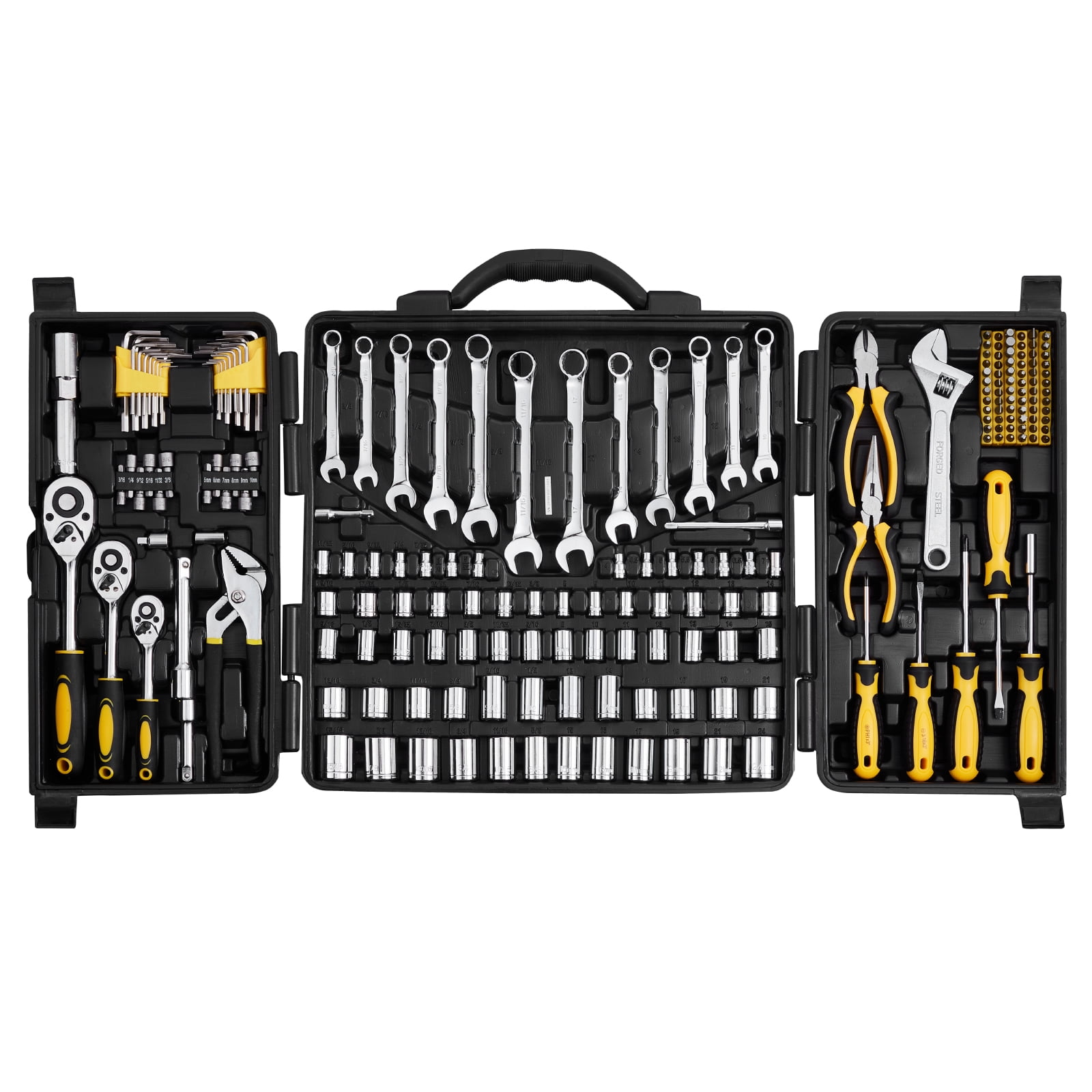 VEVOR 207-Piece Mechanics Tool Set 1/4" 3/8" 1/2" Drive Sockets SAE and Metric