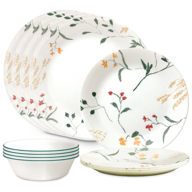 Corelle® Vitrelle® Signature Wildflower Scatter 12-piece dinnerware set with 4 dinner plates (10.3"), 4 salad plates (8.5"), and 4 18-oz soup/cereal bowls featuring delicate watercolor wildflower and leaf patterns in green, red, orange, and yellow on white triple-layer glass, durable, lightweight, and safe for microwave, dishwasher, freezer, and oven use.