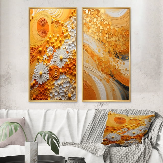 Designart "Color landscape Abstract Saffron I" Abstract Botanicals Framed Wall Art Set Of 2 - Yellow Floral Framed Wall Art Set Of 2