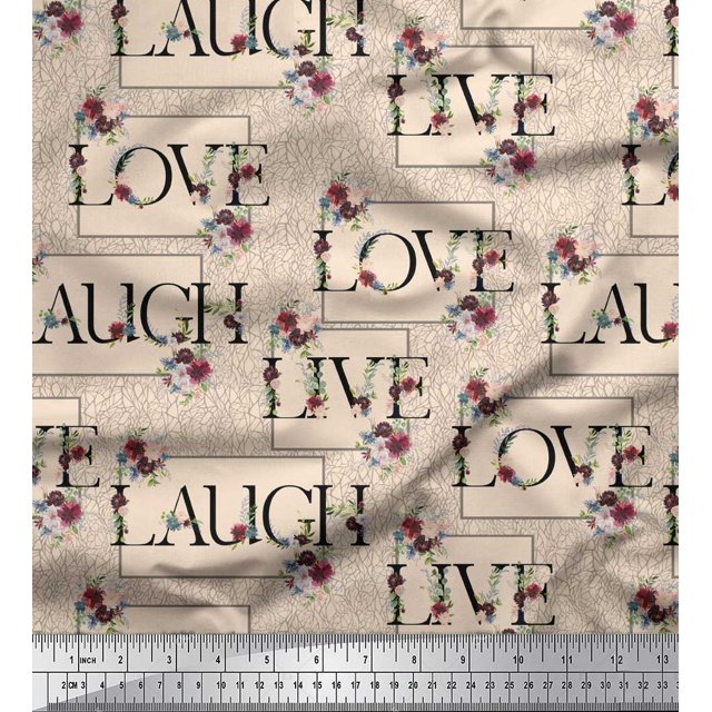 Soimoi White polyester Crepe Fabric Floral Love Text Print Sewing Fabric Yard 52 Inch Wide