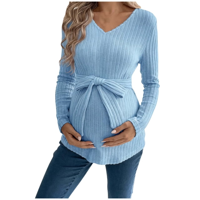 Women's Long Sleeve Tops Maternity Ribbed Top with Belt, Long Sleeve V Neck, Pregnancy Solid Ribbed Top Maternity Tops for Pregnancy