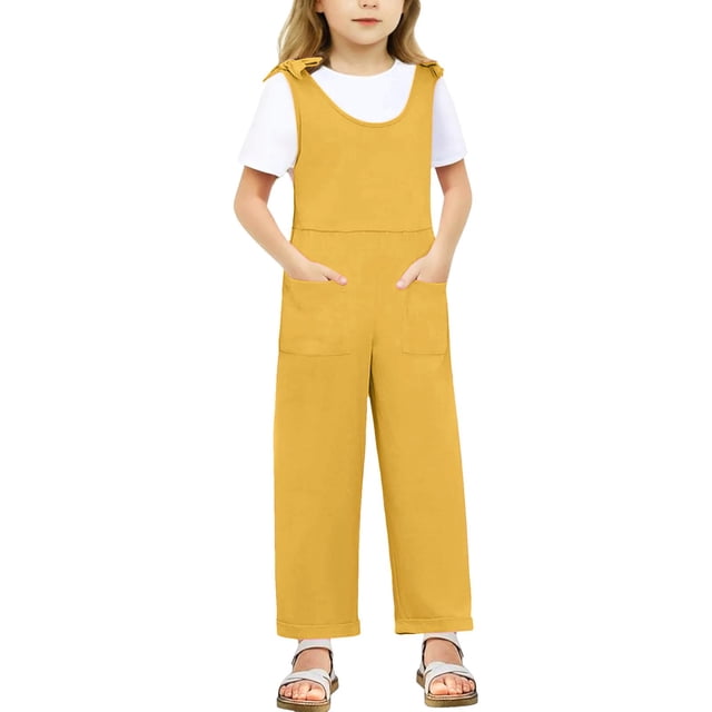 MIASHUI Combinaisons pour Fille Été Sans Manches Salopettes Enfants Col Rond Pantalons Longs Barboteuses, Jaune, 7-8 Ans