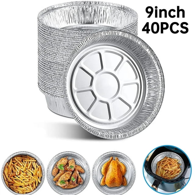 9-inch deep disposable aluminum foil pans for baking, cooking, storage, roasting, and reheating. The image shows a stack of silver pans with a full curl rim for durability, alongside examples of use with fries, roasted chicken, and air fryer cooking. Freezer and oven safe, includes 40 trays per pack.